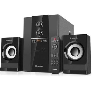 Колонки 2.1 REAL-EL M-355 Black, сателіти 2 x 12 Вт, живлення від мережі 220V, сабвуфер 20 Вт, керування спереду + пульт ДК (EL121300015), AUX, МДФ, LED-дисплей, USB / SD, FM-тюнер, Bluetooth, RCA