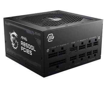 Блок живлення 850 Вт, MSI MAG A850GL PCIE5, 12 см FBD, Black, Active PFC, 4xMolex / 8xSATA / 1x16-pin / 4x6+2-pin / 2x4+4-pin / 1x20+4-pin, модульний, 80+ Gold, захист OCP/OVP/OPP/OTP/SCP/UVP