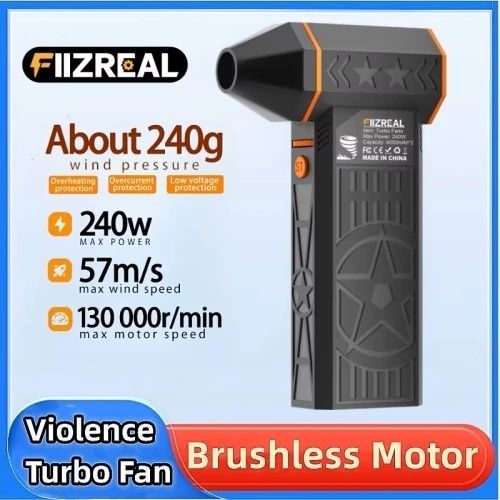 Вентилятор ручний Fiizreal X50, Black, акумулятор 59.2 Wh, швидкість до 130 000 RPM, 270 г, 2 насадки в комплекті, 240 Вт, Type-C
