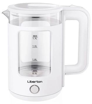 Електрочайник Liberton LEK-6830, White, LED-підсвічування, шкала рівня води внутрішня, 1500W, автовідключення, дисковий, відкривання кришки ручне, 1.7л, подвійна стінка (нержавіюча сталь+скло), індикатор включення