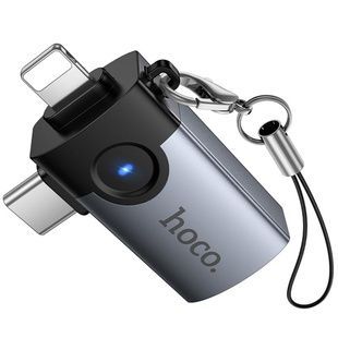 Переходник Hoco UA46D OTG 2в1 Lightning male/Type-C male на USB female Metal gray