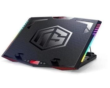 Підставка для ноутбуку до 17.3" 2E GAMING CPG-005, Black, 480х290х55 мм, 3x12 см / 3x7 см вентилятори, 7-ступінчасте регулювання висоти, сенсорне регулювання вентиляторів, 2xUSB Hub, RGB-підсвічування, 1.54 кг (2E-CPG-005), алюмінієва сітка