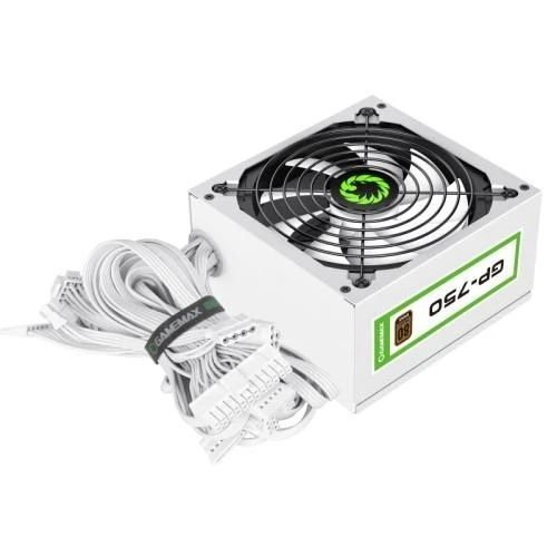 Блок живлення 750 Вт, GameMax GP-750, White, 3xMolex / 7xSATA / 4x6+2-pin / 1x4+4-pin / 1x20+4-pin, 80+ Bronze, Active PFC, 14 см, захист OVP / UVP / SIP / OCP / OLP / OPP / SCP