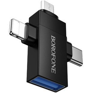 Переходник Borofone BV26D 3-в-1 Lightning/Type-C/Micro на USB 2.0, черный
