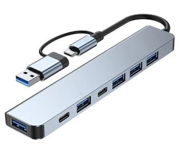 Хаб USB Fenvi F-TUH7, Grey, кабель 12 см, Type-C / USB 3.0 - 2xType-C / 1xUSB 3.0 / 4xUSB 2.0, алюмінієвий корпус