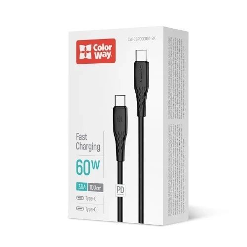 Кабель Type-C - Type-C, 1 м, ColorWay, 3A (CW-CBPDCC094-BK), Black, 60 Вт