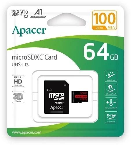 Карта памяти microSDXC, 64Gb, Class10 UHS-I U1 V10 A1, Apacer R100, до 100 МБ/с (AP64GMCSX10UB-R), SD адаптер