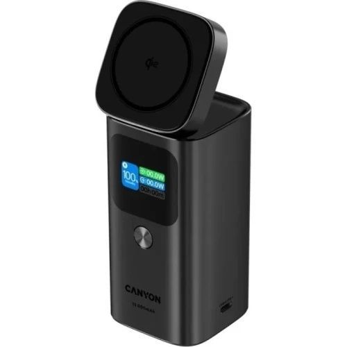 Універсальна мобільна батарея 15000 mAh, Canyon OnPower 150, QC3.0), TFT екран (CNS-CPB150DG), 100 Вт, 2xType-C (100Вт + 100 Вт, 15 Вт), Dark Grey, бездротова поворотна магнітна зарядка (Qi2, PD3.0) / 1xUSB (30 Вт