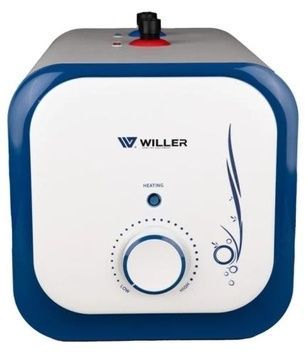 Водонагрівач Willer PU07RF Cubus, White/Blue, прямокутний, 7л, горизонтальний, мокрий ТЕН, під мийкою, механічне керування, 1500W, подача води зверху, 25.1x25.1х38.6см, В, зовнішній терморегулятор