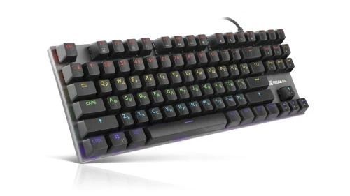 Клавиатура REAL-EL M 05 Grey, USB, металлическая основа, NKRO, 87 кнопок, RGB подсветка (20 режимов), механическая (переключатели Huano Blue)