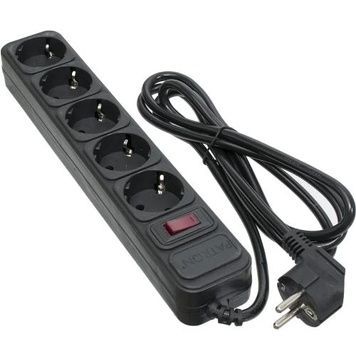 Фільтр мережевий Patron, 5 розеток, заземлення, 3x1.5 мм&sup2; (SP-1652), Black, 1.8 м, вимикач, 16А, до 3.5 кВт