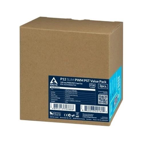 Вентилятор 120 мм, Arctic P12 Slim PWM PST, 200-2100 об/хв, 120х120х15 мм, гідравлічний підшипник (ACFAN00275A), 4-pin (PWM, 40 см), 3 шт, Black