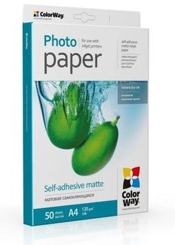 Фотобумага ColorWay, самоклеящаяся, 120/80 г/м&sup2;, A4, 50 листов (PMS1208050A4), матовая