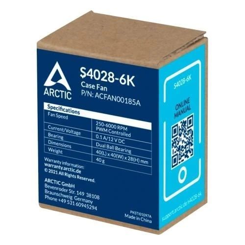 Вентилятор 40 мм, Arctic S4028-6K, 40х40х28 мм, Black, 250-6000 об/хв, 4-pin (ACFAN00185A), PWM