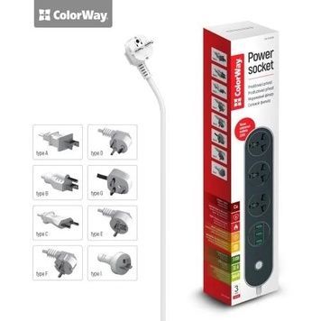 Фільтр мережевий ColorWay, 3 розетки, 10А, дріт з міді (до 2500 Вт), захисні шторки (CW-CHU33B), Black, 3xUSB (3.1A), 1.8 м
