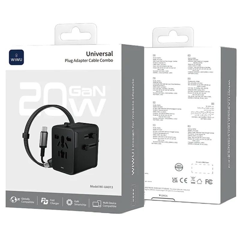 Мережевий зарядний пристрій WIWU UA013 20W GaN, 1xUSB-A + 2xUSB-C, кабель Type-C - Type-C (0.3-1.0 м), Black