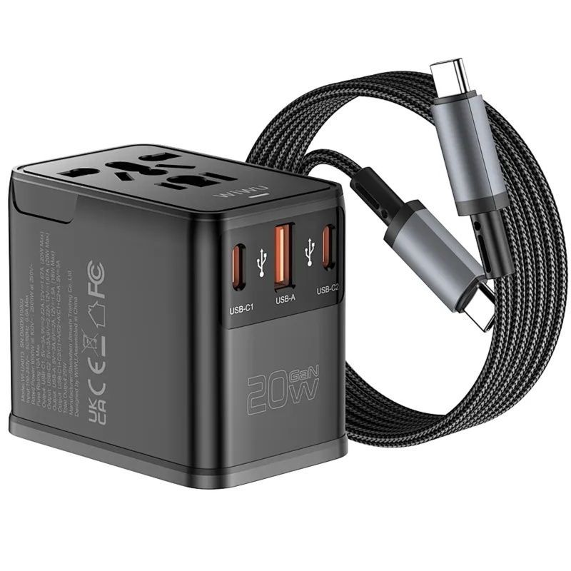 Мережевий зарядний пристрій WIWU UA013 20W GaN, 1xUSB-A + 2xUSB-C, кабель Type-C - Type-C (0.3-1.0 м), Black