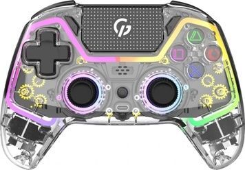 Геймпад GamePro GPS13T, Transparent, акумулятор 1000 mAh, вібрація, для ПК / PS3 / PS4 / Switch / Android / iOS, 14 кнопок / 2 аналогові стіки / D-Pad / тачпад, RGB підсвічування, бездротовий (Bluetooth / Type-C)