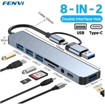 Хаб USB Fenvi F-TUH8, Grey, Type-C / USB 3.0 - 1xType-C / 1xUSB 3.0 / 3xUSB 2.0 / microSD / SD / 3.5 мм, алюмінієвий корпус, кабель 12 см