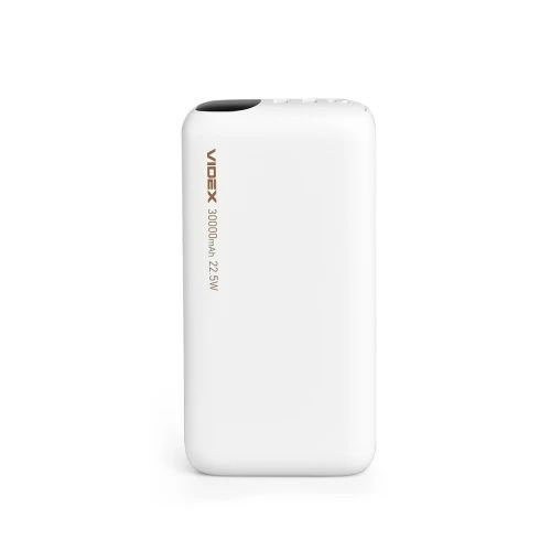 Універсальна мобільна батарея 30000 mAh, Videx VPB-297, цифровий LED дисплей (VPB-297-W), White, 1xType-C (PD3.0) / 2xUSB (QC3.0), 22.5 Вт