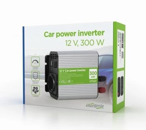 Автомобільний інвертор 300 Вт, EnerGenie, Silver/Black, 1xUSB (5V/2.1A), металевий корпус (EG-PWC300-01), вхідна напруга 10-16 VDC (акумулятор безпосередньо)