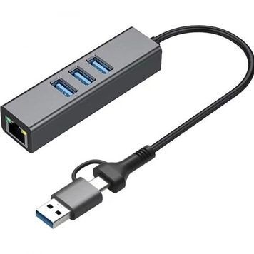 Хаб USB Dynamode DM-AD-GLAN-U3, Grey, алюмінієвий корпус, Type-C / USB 3.0 - 3xUSB 3.0 / GLan, кабель 13 см