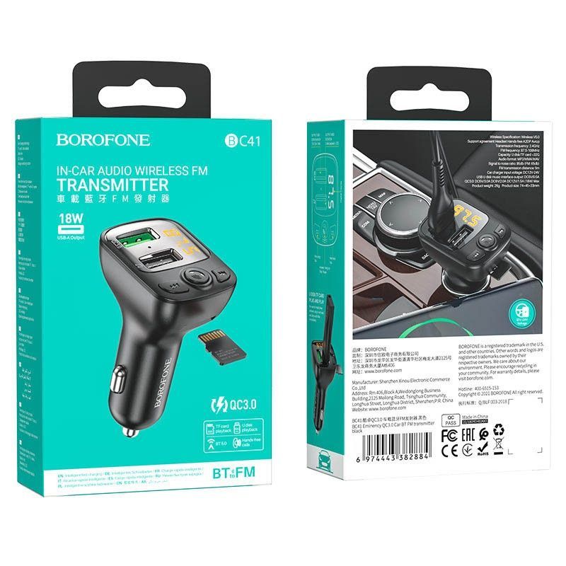 FM-модулятор Borofone BC41 Eminency QC3.0 (2USB-A), чорний