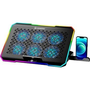 Подставка для ноутбука до 15.6" GamePro CP660, Black, 360 x 255 x 25 мм, сенсорная RGB подсветка, 2xUSB, съемный держатель для смартфона, 5 уровней высоты, 900 г, металлическая сетка, 6 x 70 мм (2400 об/мин)