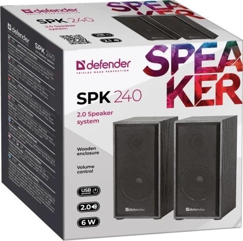 Колонки 2.0 Defender SPK 240, Black, 3.5 мм, регулятор гучності, живлення від USB, дерев'яний корпус (65224), 6 Вт