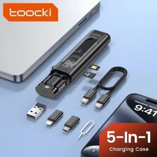 Кабель Type-C - USB / Lightning / microUSB, 25 см, Toocki, кейс, скріпка для вилучення Sim-карти, Black, 3A, 60 Вт