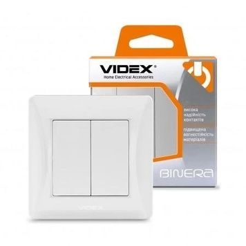 Вимикач подвійний Videx Binera, White, IP20 (VF-BNSW2-W), 86x86 мм