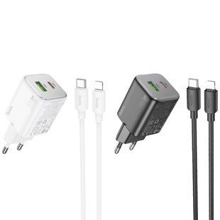 Мережевий зарядний пристрій Hoco N41 Almighty PD20W+QC3.0 (1USB-A/1C) з кабелем Type-C to Lightning, чорний