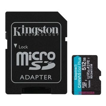Карта памяти microSDXC, 512Gb, Class 10 UHS-I U3 V30 A2, до 200/160 МБ/с (SDCG4/512GB), SD адаптер, Kingston Canvas Go! Plus