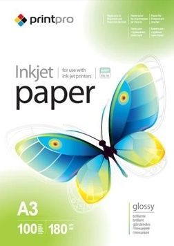 Фотопапір PrintPro, глянсовий, 100 арк (PGE180100A3), 180 г/м&sup2;, A3