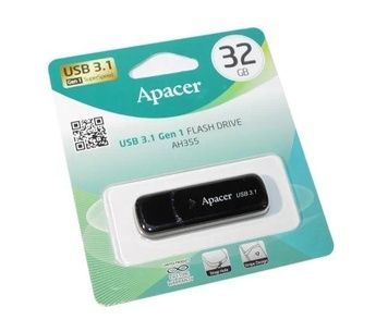 Флеш накопичувач USB 32Gb Apacer AH355, Black, USB 3.2 Gen 1 (AP32GAH355B-1), 32 ГБ, Пластик, Моноблок