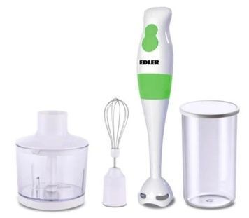 Блендер Edler EDHB-1630, White/Green, нога пластикова, мірний стакан 600мл, подрібнювач 500мл, вінчик для збивання, занурювальний, 250W, 2 швидкості