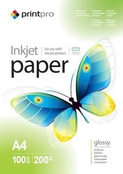 Фотопапір PrintPro, глянсовий, 200 г/м&sup2;, 100 арк (PGE200100A4), A4