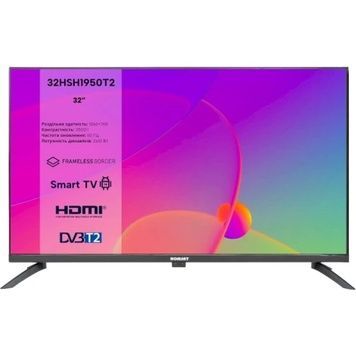 Телевізор 32" Romsat 32HSH1950T2, Black, DVB-T2/C, 2xUSB, RJ45, 2xHDMI, 2 x 10 Вт, Bluetooth, Smart TV (Android 14), 60 Гц, 1366х768, 3500:1, Wi-Fi, LED, VESA 100x100
